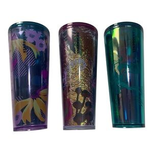 Starbucks lot of 3 Floral Metallic Tumbler Trio mushroom mermaid used foil